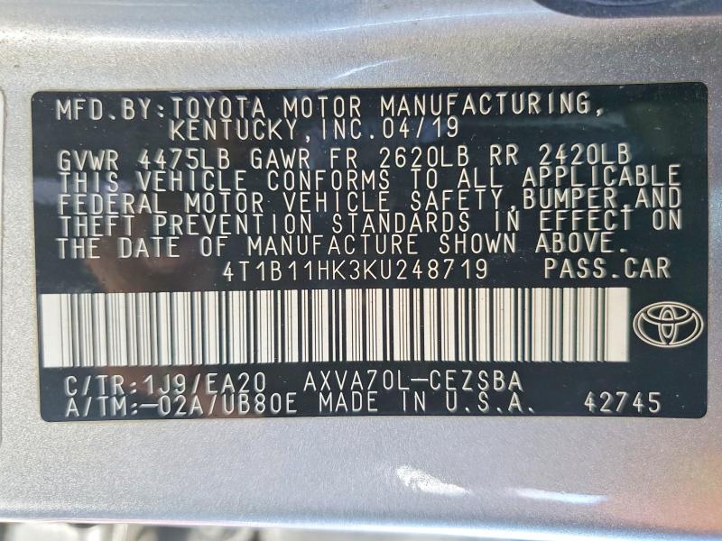 Продаж на аукціоні авто 2019 Toyota Camry, vin: 4T1B11HK3KU248719, номер лоту: 58445936