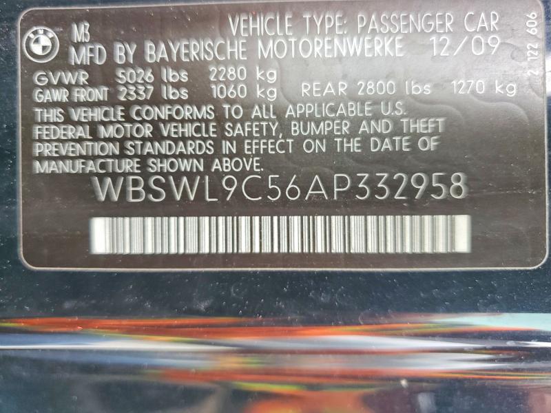 Aukcja sprzedaży 2010 Bmw M3, vin: WBSWL9C56AP332958, numer aukcji: 58710726
