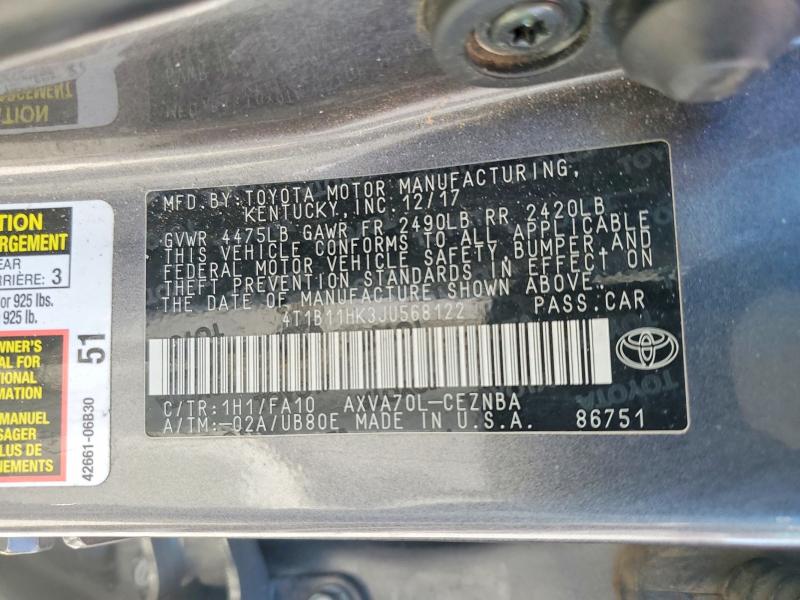 Продаж на аукціоні авто 2018 Toyota Camry, vin: 4T1B11HK3JU568122, номер лоту: 56343396