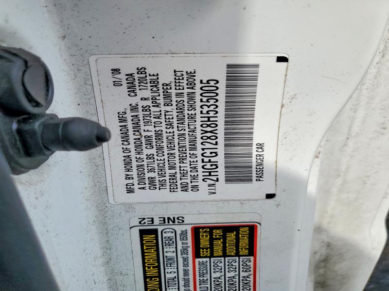 Продаж на аукціоні авто 2008 Honda Civic, vin: 2HGFG128X8H535005, номер лоту: 56782706