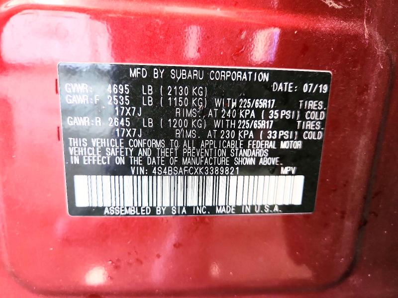 2019 Subaru Outback მანქანა იყიდება აუქციონზე, vin: 4S4BSAFCXK3389821, აუქციონის ნომერი: 57185226