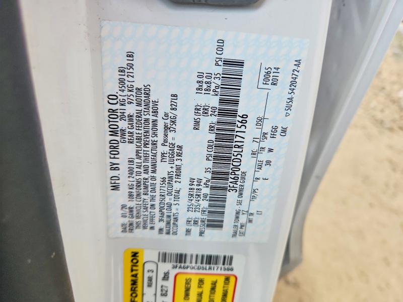 Продажа на аукционе авто 2020 Ford Fusion, vin: 3FA6P0CD5LR171566, номер лота: 56806266