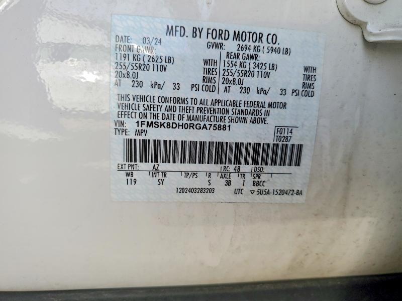 55523366 :رقم المزاد ، 1FMSK8DH0RGA75881 vin ، 2024 Ford Explorer مزاد بيع