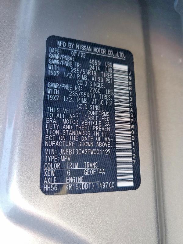 57408126 :رقم المزاد ، JN8BT3CA3PW001127 vin ، 2023 Nissan Rogue مزاد بيع