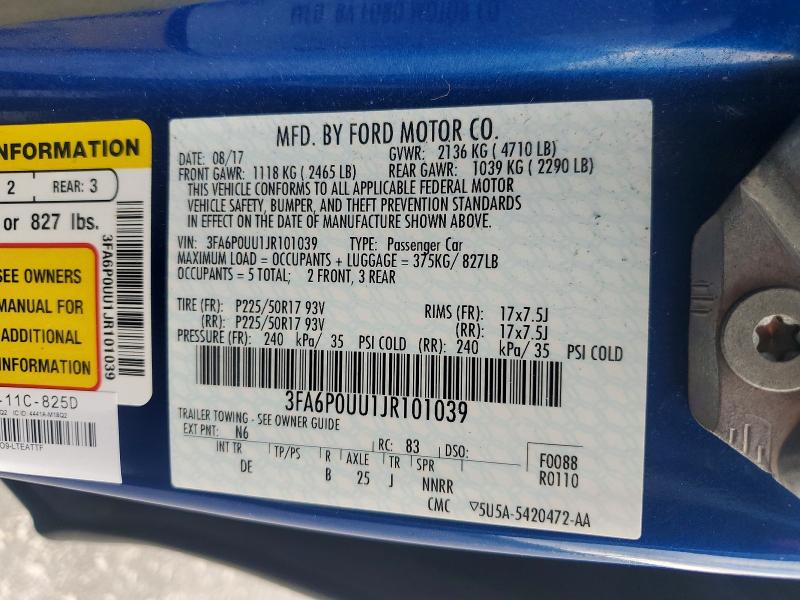 Продаж на аукціоні авто 2018 Ford Fusion, vin: 3FA6P0UU1JR101039, номер лоту: 58185306