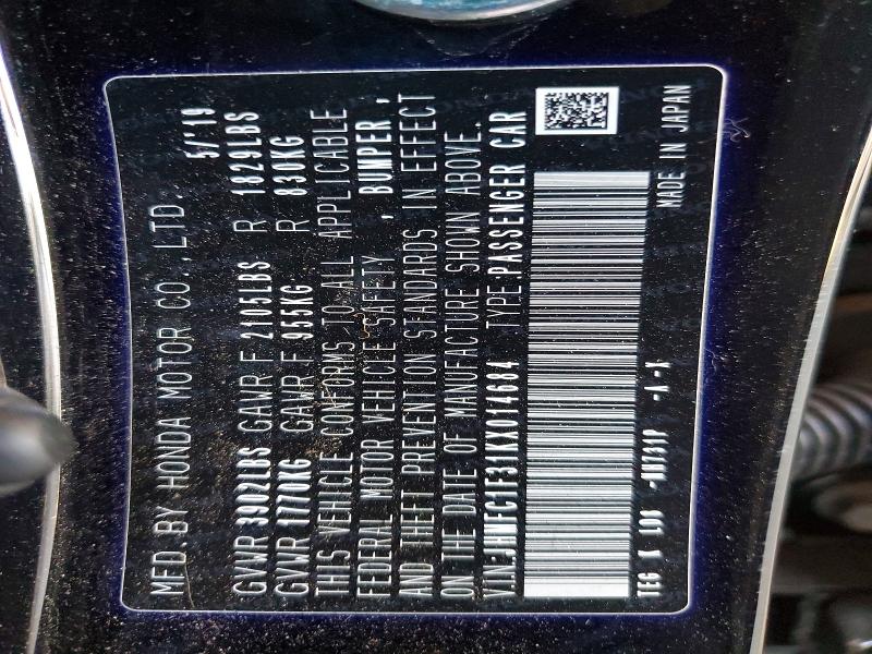 Продаж на аукціоні авто 2019 Honda Civic, vin: JHMFC1F31KX014684, номер лоту: 57192576