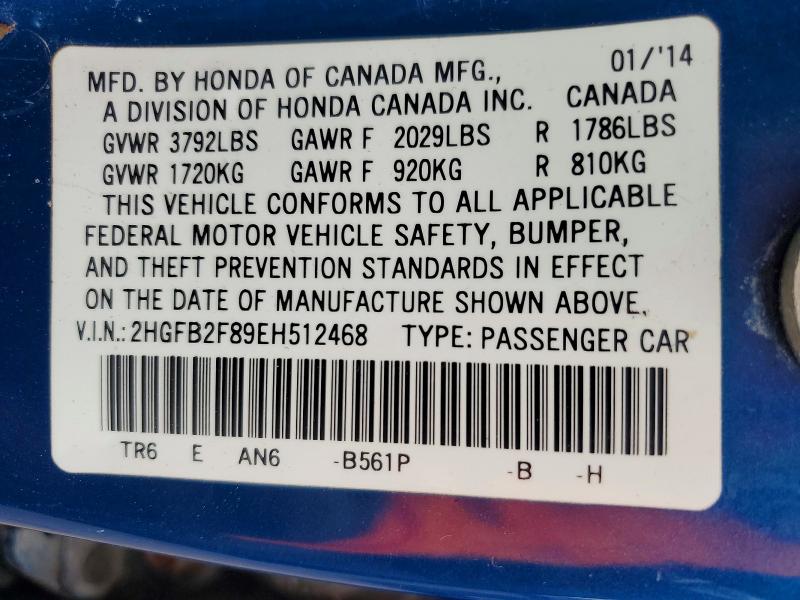 Auction sale of the 2014 Honda Civic, vin: 2HGFB2F89EH512468, lot number: 59070116