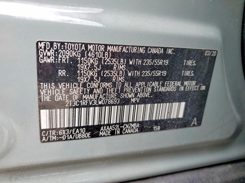 2020 Toyota Rav4 მანქანა იყიდება აუქციონზე, vin: 2T3C1RFV3LW078693, აუქციონის ნომერი: 58382516