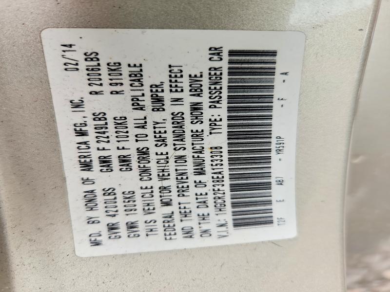 Auction sale of the 2014 Honda Accord, vin: 1HGCR2F38EA153308, lot number: 58017786