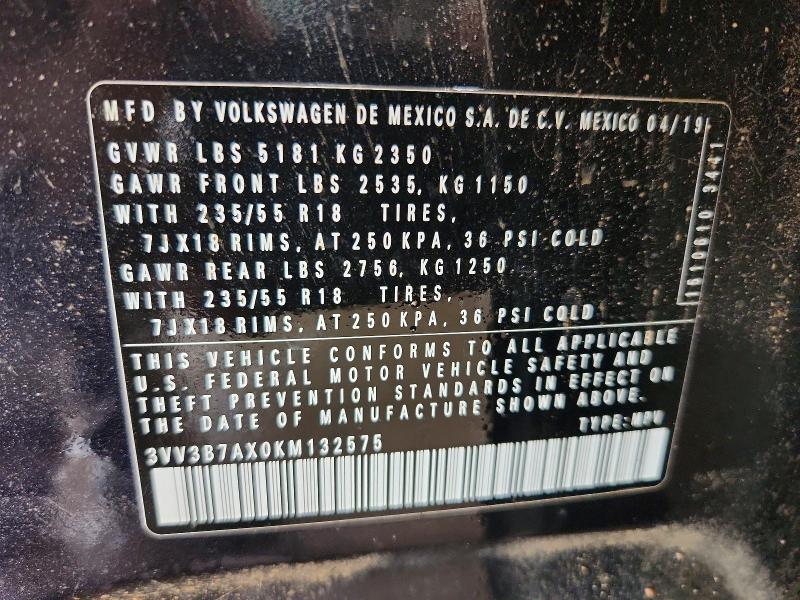 2019 Volkswagen Tiguan მანქანა იყიდება აუქციონზე, vin: 3VV3B7AX0KM132575, აუქციონის ნომერი: 52877026