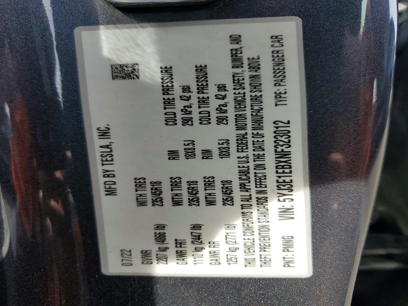 56892266 :رقم المزاد ، 5YJ3E1EBXNF323012 vin ، 2022 Tesla Model 3 مزاد بيع
