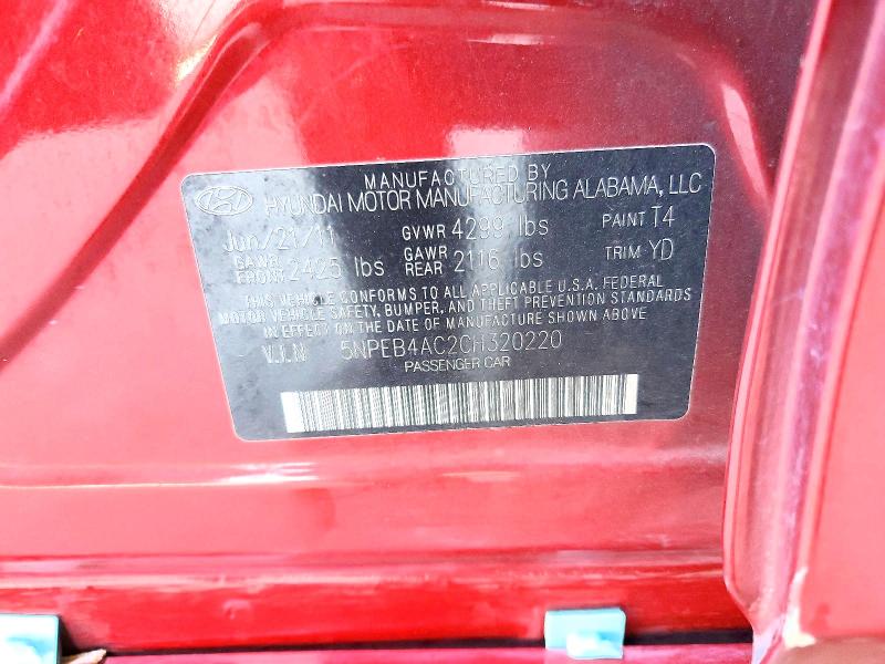 57748666 :رقم المزاد ، 5NPEB4AC2CH320220 vin ، 2012 Hyundai Sonata مزاد بيع