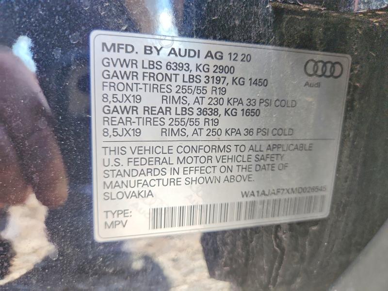 57944706 :رقم المزاد ، WA1AJAF7XMD026545 vin ، 2021 Audi Q7 مزاد بيع