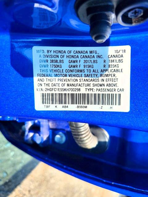 2019 Honda Civic მანქანა იყიდება აუქციონზე, vin: 2HGFC1E55KH700298, აუქციონის ნომერი: 59060106
