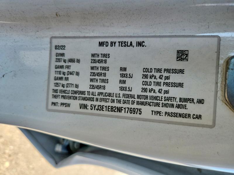 Aukcja sprzedaży 2022 Tesla Model 3, vin: 5YJ3E1EB2NF176975, numer aukcji: 58544346