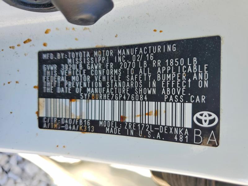 2016 Toyota Corolla მანქანა იყიდება აუქციონზე, vin: 5YFBURHE7GP476084, აუქციონის ნომერი: 55554436