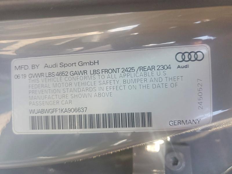 2019 Audi Rs3 მანქანა იყიდება აუქციონზე, vin: WUABWGFF1KA906637, აუქციონის ნომერი: 57626586