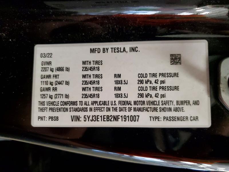 Aukcja sprzedaży 2022 Tesla Model 3, vin: 5YJ3E1EB2NF191007, numer aukcji: 58106266