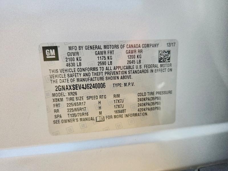 2018 Chevrolet Equinox მანქანა იყიდება აუქციონზე, vin: 2GNAXSEV4J6240006, აუქციონის ნომერი: 55829666