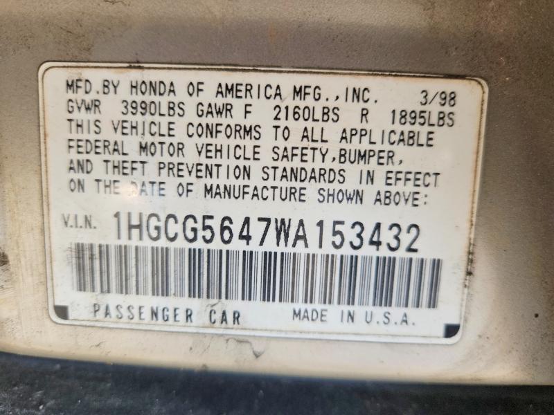 Продаж на аукціоні авто 1998 Honda Accord, vin: 1HGCG5647WA153432, номер лоту: 57556836