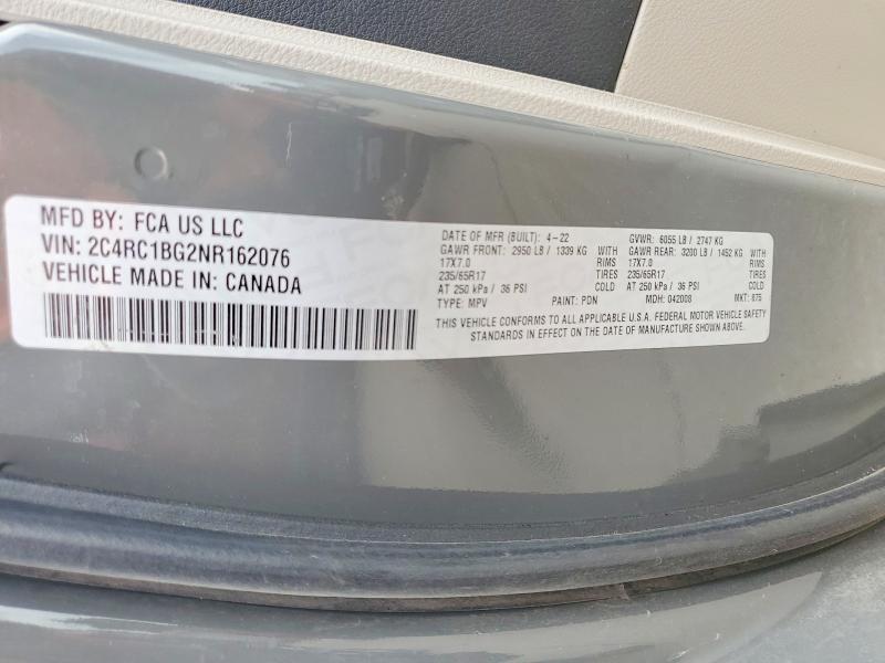 2022 Chrysler Pacifica მანქანა იყიდება აუქციონზე, vin: 2C4RC1BG2NR162076, აუქციონის ნომერი: 56953196