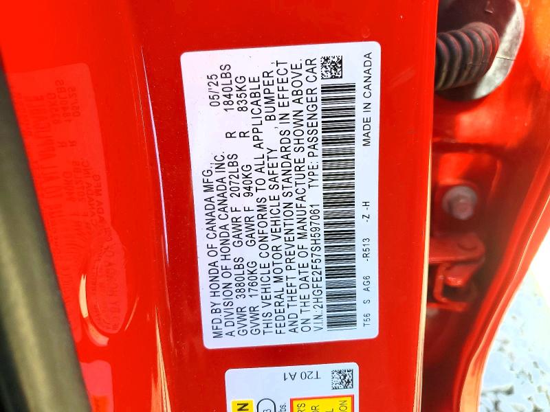 57862176 :رقم المزاد ، 2HGFE2F57SH597061 vin ، 2025 Honda Civic مزاد بيع