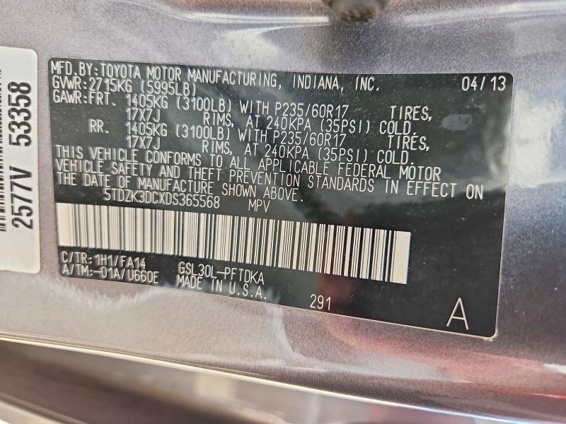 2013 Toyota Sienna მანქანა იყიდება აუქციონზე, vin: 5TDZK3DCXDS365568, აუქციონის ნომერი: 58891246