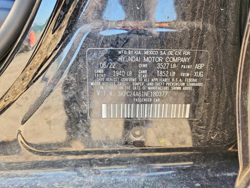 2022 Hyundai Accent მანქანა იყიდება აუქციონზე, vin: 3KPC24A61NE180377, აუქციონის ნომერი: 59073866