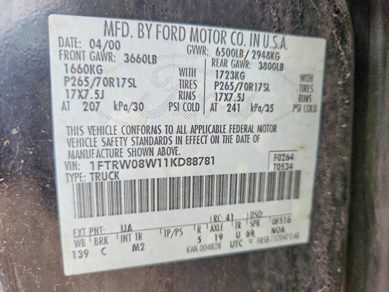 Продаж на аукціоні авто 2001 Ford F150, vin: 1FTRW08W11KD88781, номер лоту: 55049576