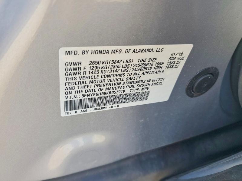 Продаж на аукціоні авто 2019 Honda Pilot, vin: 5FNYF6H59KB057919, номер лоту: 56684106