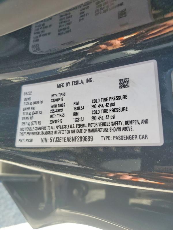 Продажа на аукционе авто 2022 Tesla Model 3, vin: 5YJ3E1EA8NF289689, номер лота: 57665216