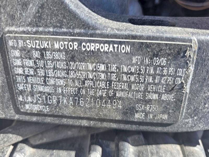51132216 :رقم المزاد ، JS1GR7KA762104494 vin ، 2006 Suzuki Gsx-r750 مزاد بيع
