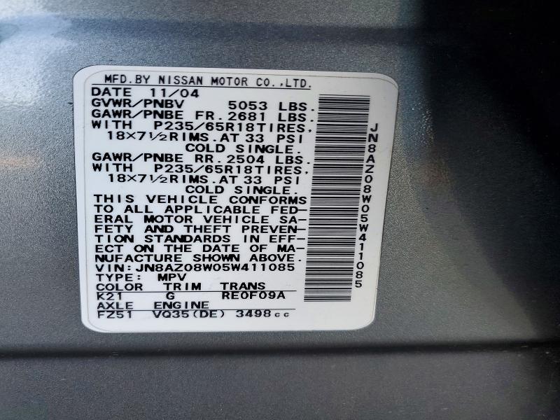 57026286 :رقم المزاد ، JN8AZ08W05W411085 vin ، 2005 Nissan Murano مزاد بيع