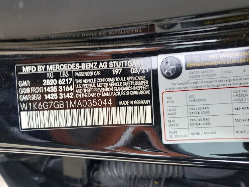 56609786 :رقم المزاد ، W1K6G7GB1MA035044 vin ، 2021 Mercedes-benz S مزاد بيع