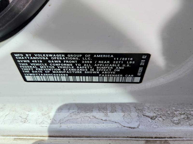 Продажа на аукционе авто 2017 Volkswagen Passat, vin: 1VWDT7A35HC033593, номер лота: 56894616