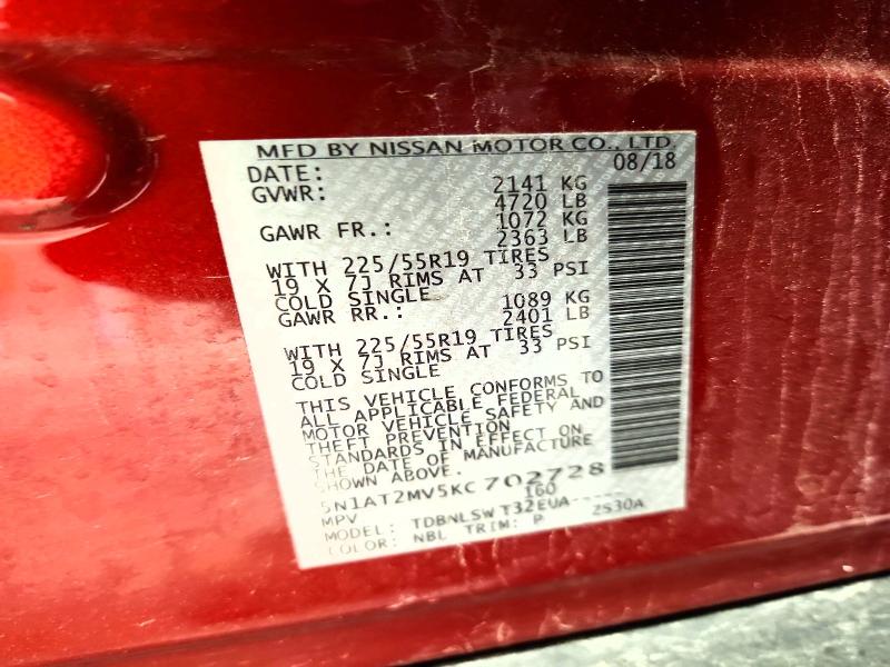 Продаж на аукціоні авто 2019 Nissan Rogue, vin: 5N1AT2MV5KC702728, номер лоту: 58701076