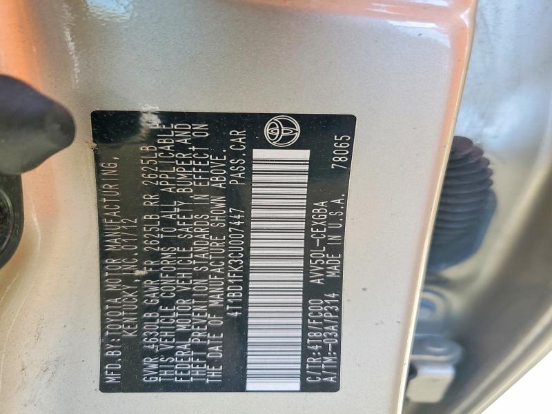 56043276 :رقم المزاد ، 4T1BD1FK3CU007447 vin ، 2012 Toyota Camry Hybrid مزاد بيع