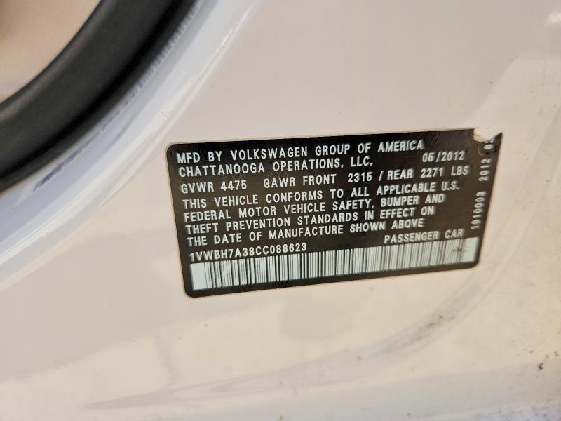 57697366 :رقم المزاد ، 1VWBH7A38CC088623 vin ، 2012 Volkswagen Passat مزاد بيع