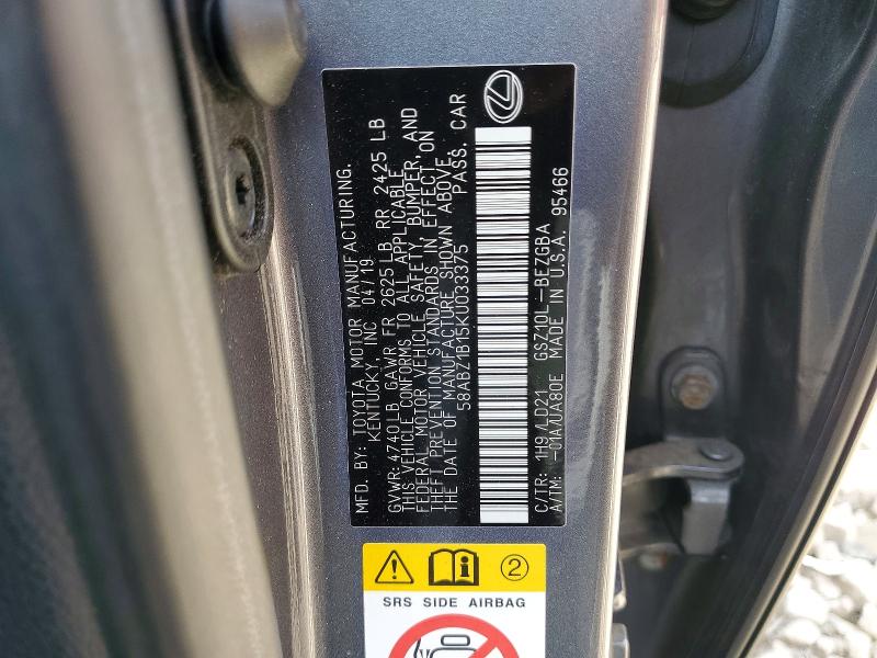 2019 Lexus Es მანქანა იყიდება აუქციონზე, vin: 58ABZ1B15KU033375, აუქციონის ნომერი: 74513865