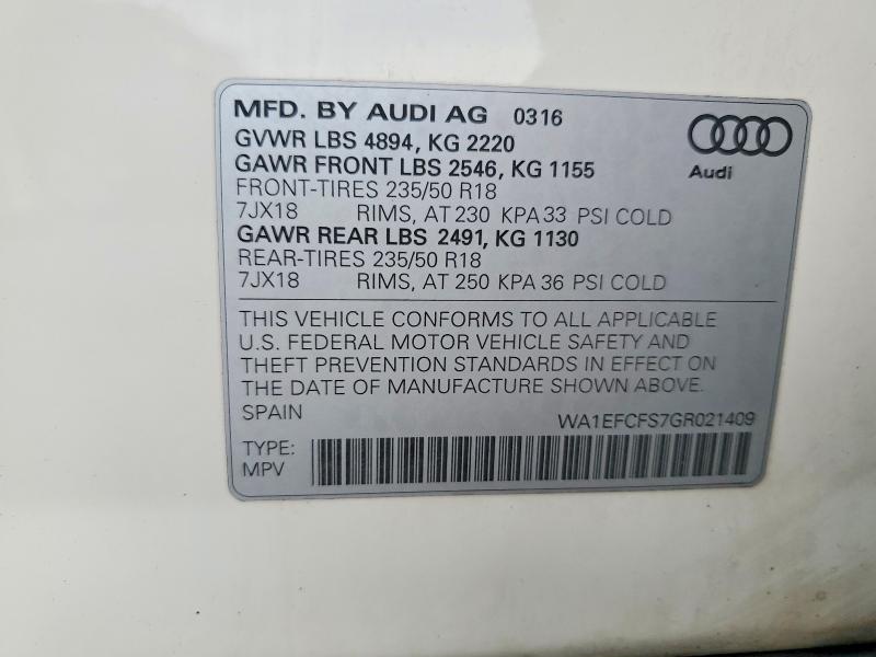 Продажа на аукционе авто 2016 Audi Q3, vin: WA1EFCFS7GR021409, номер лота: 58510966