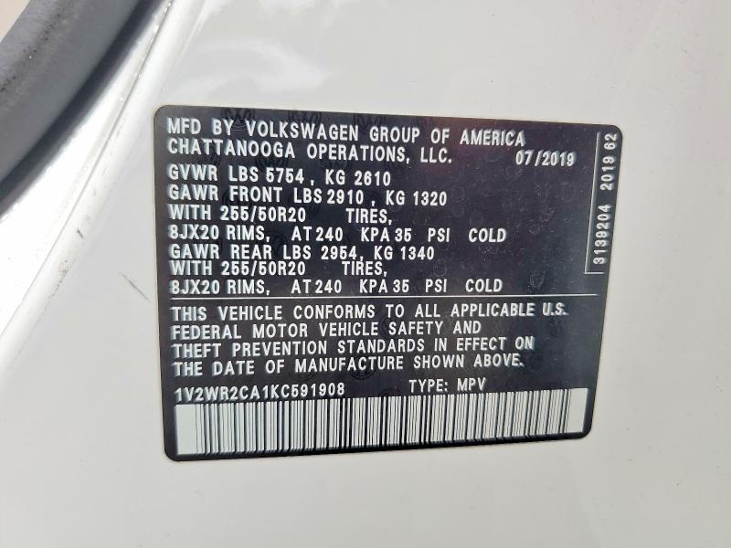 Aukcja sprzedaży 2019 Volkswagen Atlas, vin: 1V2WR2CA1KC591908, numer aukcji: 56352166