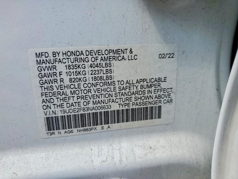 57108776 :رقم المزاد ، 19UDE2F83NA006633 vin ، 2022 Acura Ilx مزاد بيع