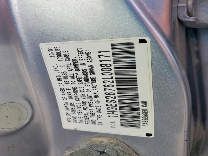 Aukcja sprzedaży 2002 Honda Civic, vin: 1HGES26762L008171, numer aukcji: 55551746