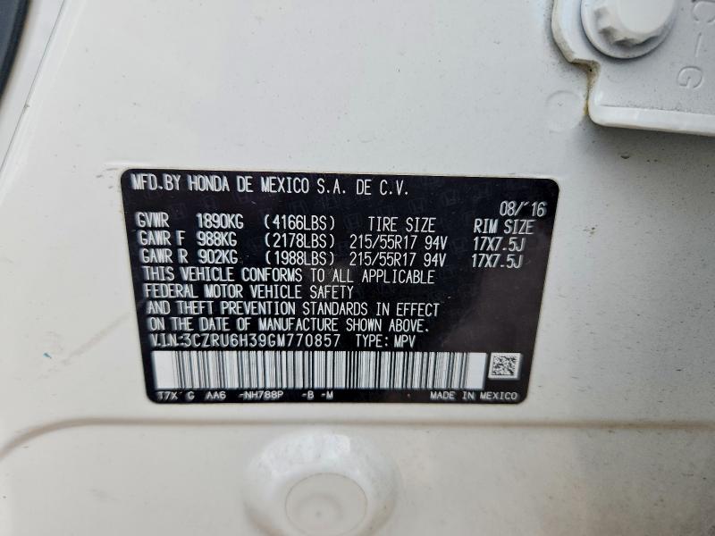 58070946 :رقم المزاد ، 3CZRU6H39GM770857 vin ، 2016 Honda Hr-v مزاد بيع