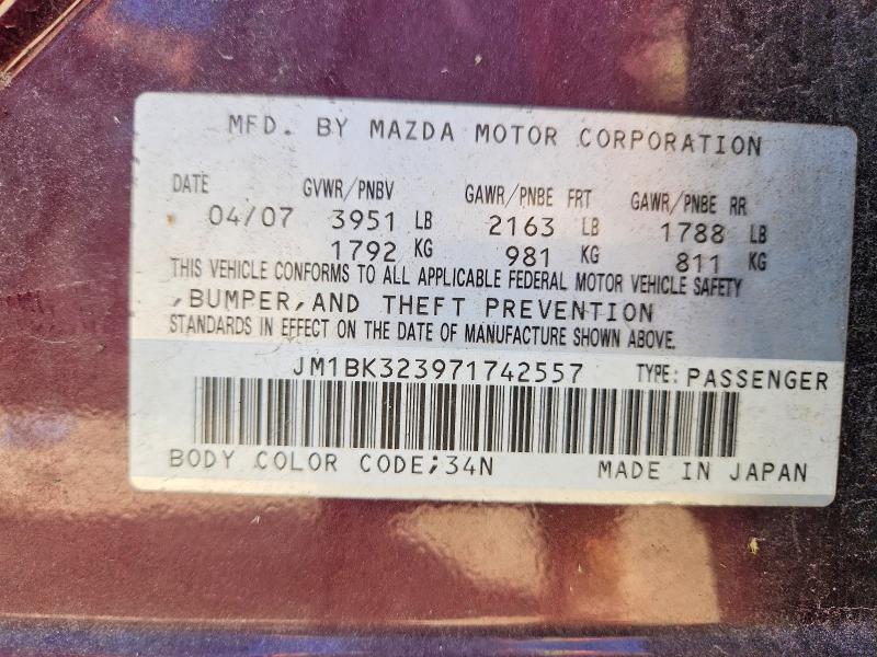 2007 Mazda 3 მანქანა იყიდება აუქციონზე, vin: JM1BK323971742557, აუქციონის ნომერი: 56056986