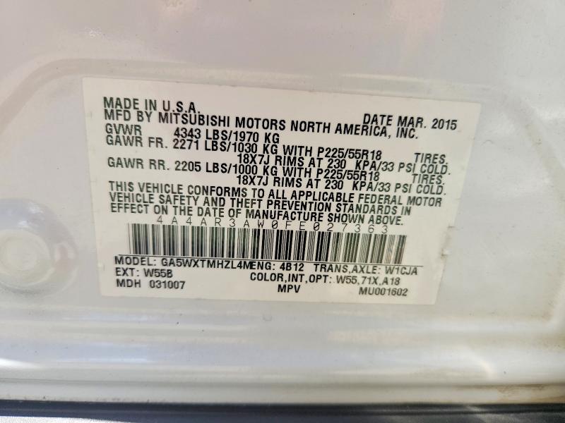 2015 Mitsubishi Outlander Sport მანქანა იყიდება აუქციონზე, vin: 4A4AR3AW0FE027363, აუქციონის ნომერი: 59064696