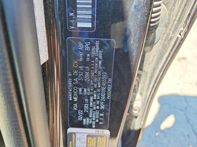 2022 Kia Forte მანქანა იყიდება აუქციონზე, vin: 3KPF24AD3NE465593, აუქციონის ნომერი: 57675336
