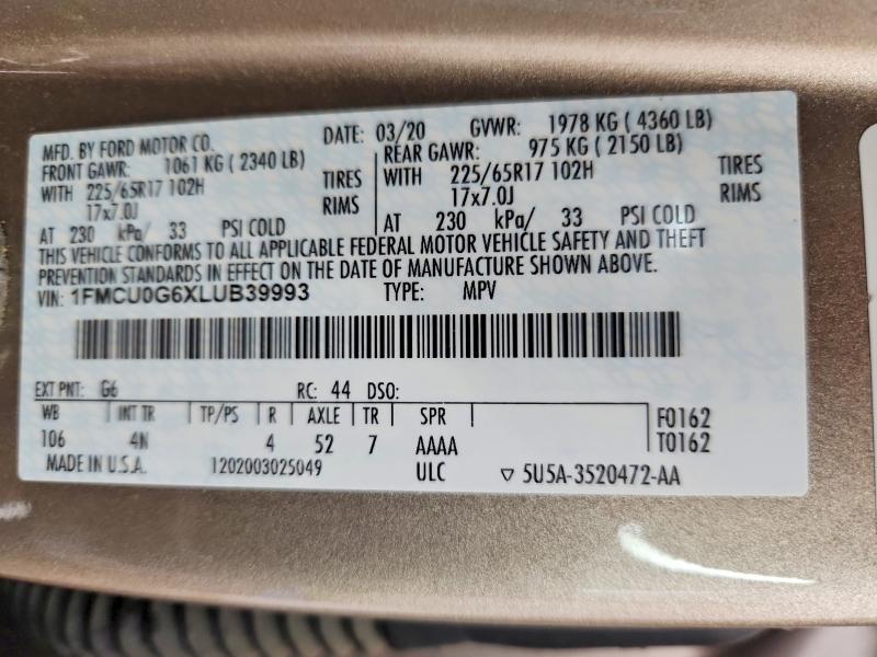 Продажа на аукционе авто 2020 Ford Escape, vin: 1FMCU0G6XLUB39993, номер лота: 55343476