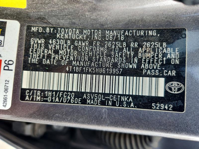 Aukcja sprzedaży 2017 Toyota Camry, vin: 4T1BF1FK5HU619957, numer aukcji: 57397456