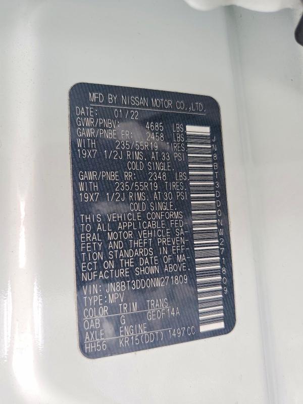 56995886 :رقم المزاد ، JN8BT3DD0NW271809 vin ، 2022 Nissan Rogue مزاد بيع